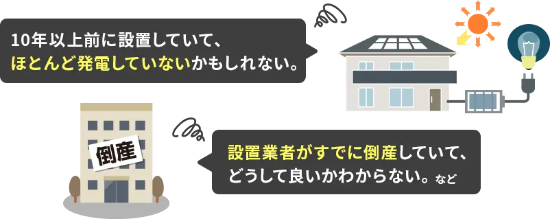 10年以上前に設置していて、ほとんど発電していないかもしれない。設置業者がすでに倒産していて、どうして良いかわからない。