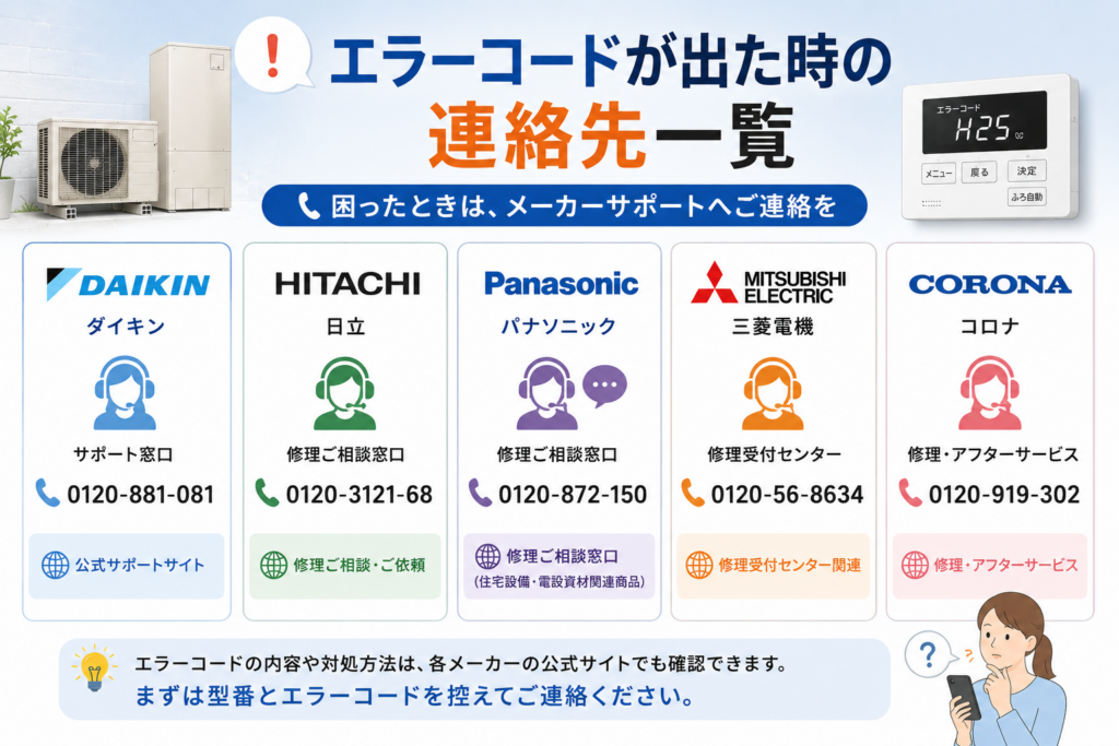 【メーカー別】エラーコードが出た時の連絡先一覧