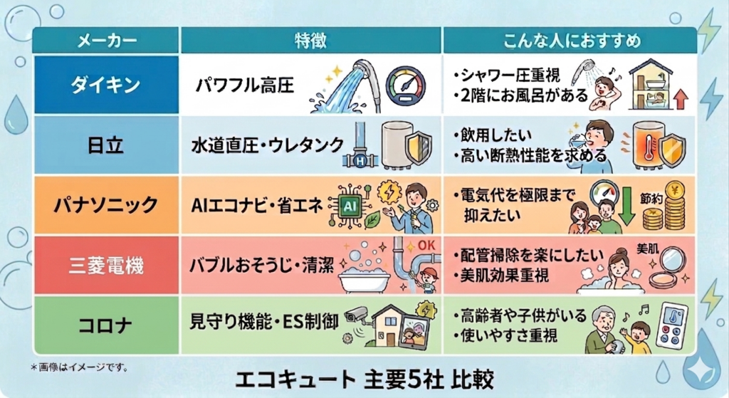 エコキュート主要メーカー5社の特徴比較一覧