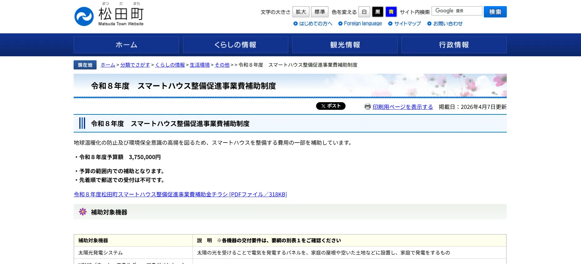 松田町「スマートハウス整備促進事業費補助制度」