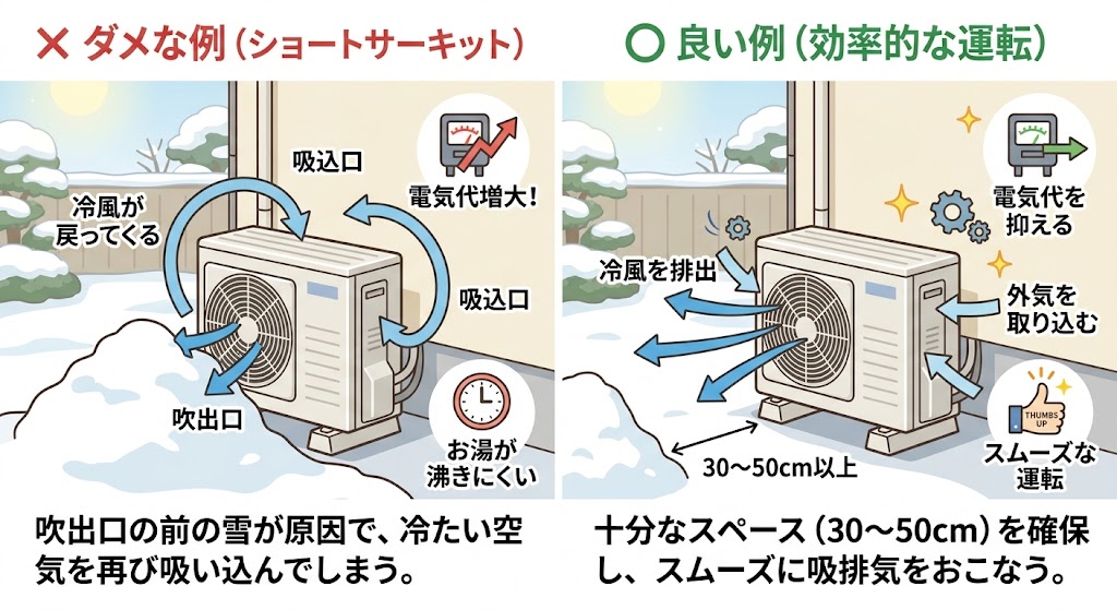 ヒートポンプの前に物を置かない