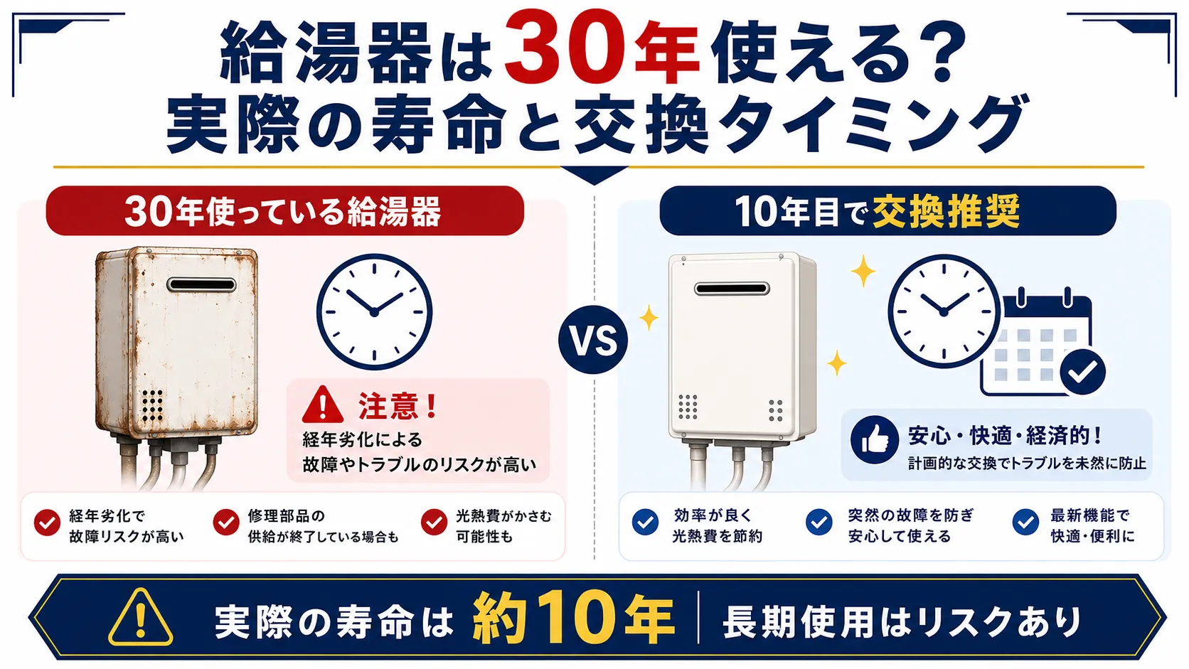 給湯器の寿命は30年もつ?実際の耐用年数と交換のタイミングを解説