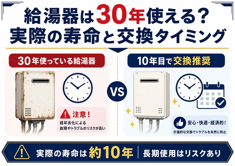 給湯器の寿命は30年もつ？実際の耐用年数と交換のタイミングを解説