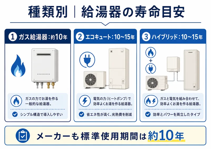 給湯器の種類別・実際の寿命の目安
