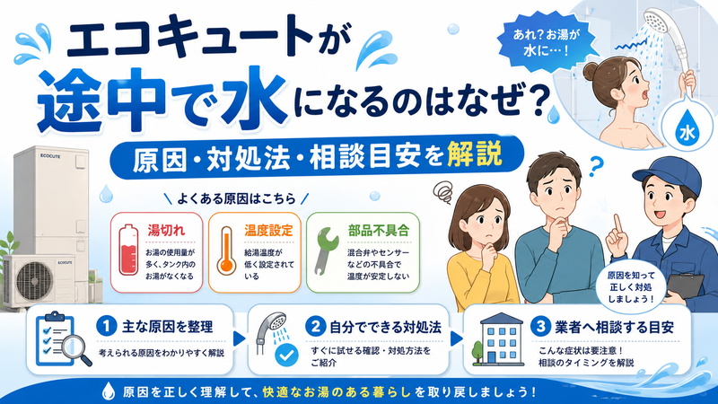エコキュートが途中で水になるのはなぜ？原因や対処法、業者への相談目安を解説